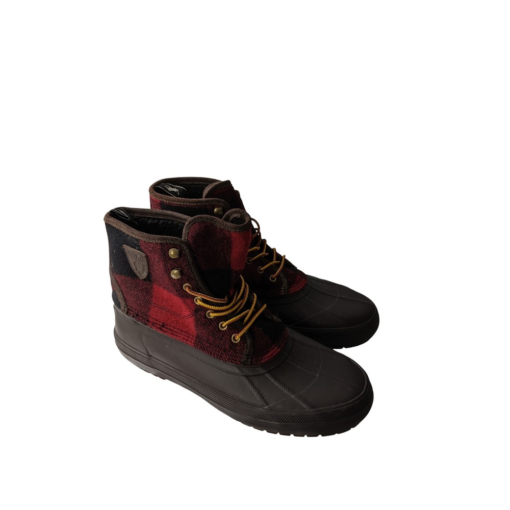 Polo Ralph Lauren Claus Laceup Duck Boots Red Black Buffalo Plaid Mens 10 - Picture 2 of 10